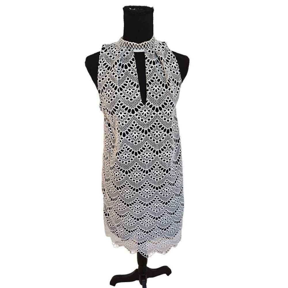 KAS New York Womens Eyelet Keyhole Sleeveless Shift Dress White Black Medium